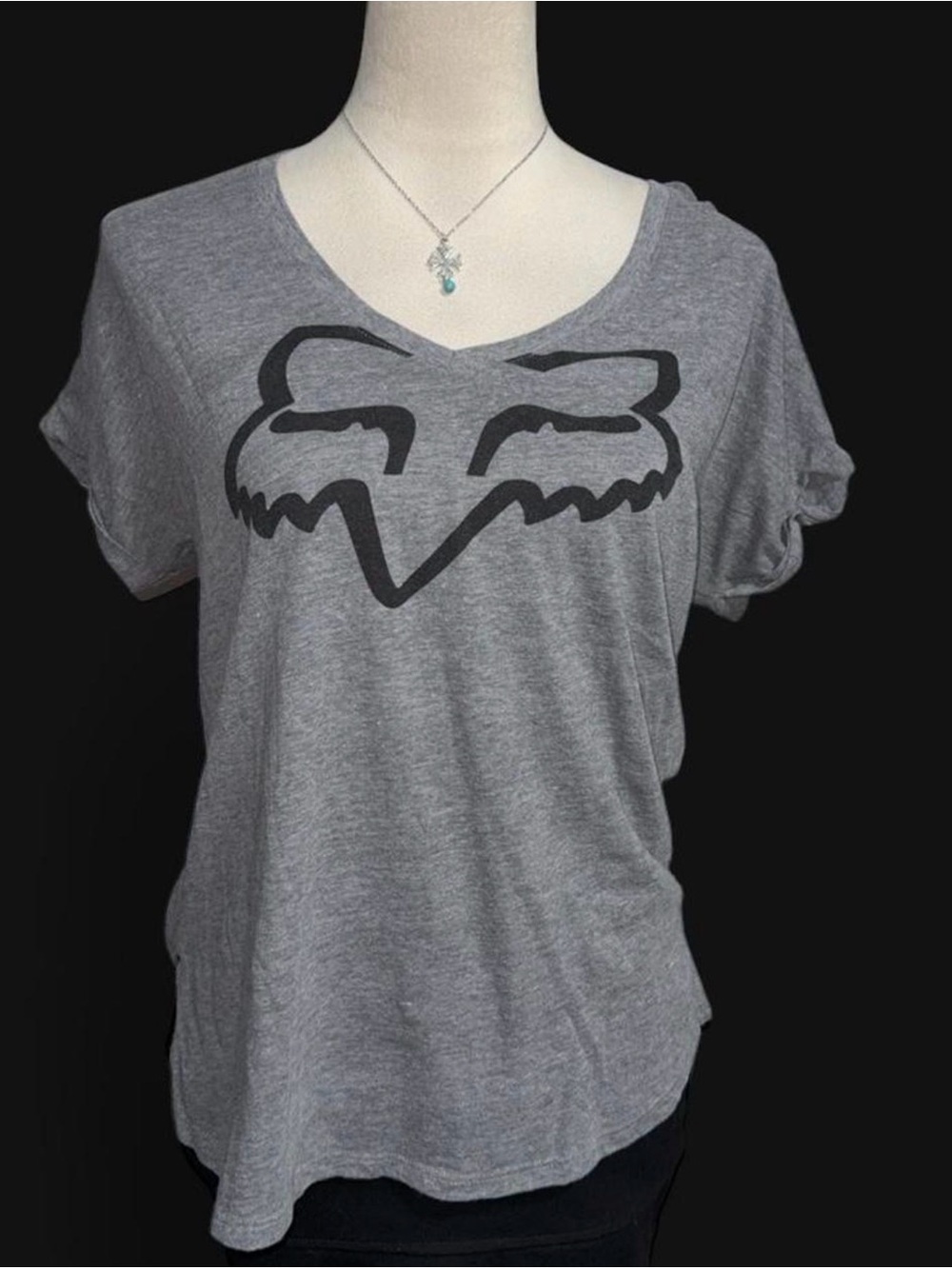 Fox Gray V-Neck Short Sleeve Tee with Black Fox Head Logo